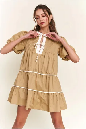 Azura Exchange Womens Pale Contrast Trim Pintuck Puff Sleeve Tied Neck Short Dress Cotton - Size Small