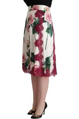Dolce & Gabbana WoMens Rose Print High Waist Midi A-line Skirt Silk - Size EU 36 (Womens)