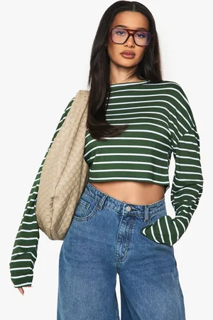 Boohoo Womens STRIPE LONG SLEEVE CROP TOP - Cotton - Size 14 UK