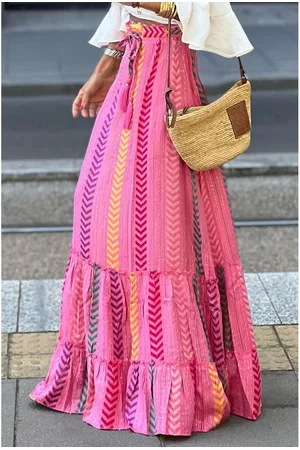 Azura Exchange Womens Boho Printed Tasseled Drawstring Ruffled Maxi Skirt - Size X-Large
