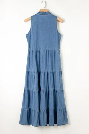 Azura Exchange Womens Sleeveless Tiered Chambray Maxi Dress Cotton - Size Medium