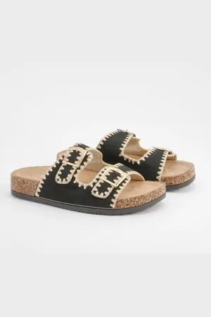 Boohoo Womens Contrast Stitch Detail Double Buckle Sliders - - Size UK 4