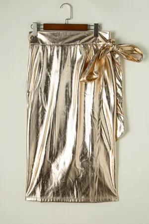 Azura Exchange Womens Metallic Leather Knotted Wrap Midi Skirt - Size Large
