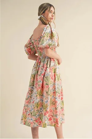 Azura Exchange Womens Apricot Floral Smocked Bust Bubble Short Sleeve Maxi Dress - Size Medium