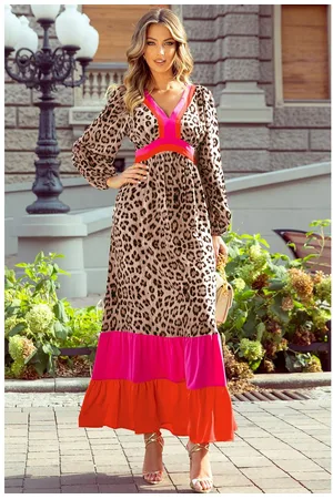 Azura Exchange Womens Leopard Color Block V Neck Loose Fit Maxi Dress - Size Large
