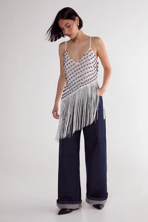 NASTY GAL Womens Studded Asymmetric Fringed Cami Top - - Size 12 UK