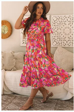 Azura Exchange Womens Floral Short Sleeve Smocked Waist Maxi dress - Size X-Large