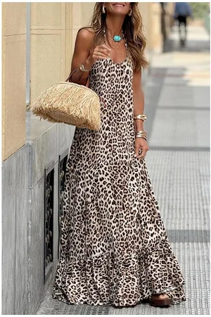 Azura Exchange Womens Leopard Printed Halter Neck Backless Ruffled Hem Maxi Dress - Size Medium