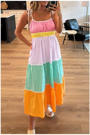 Azura Exchange Womens Colorblock Self-tie Straps High Waist Flowy Maxi Dress with Pockets Cotton - Size Large