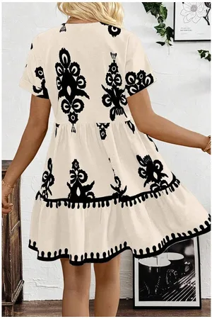 Azura Exchange Womens Vintage Print V Neck High Waist Short Sleeve Dress - Size Large