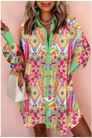 Azura Exchange Womens Western Geometric Print Cuffed Shift Shirt Dress - Size Medium