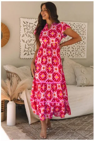 Azura Exchange Womens Strawberry Geo Print V-neck Maxi Dress - Size Medium