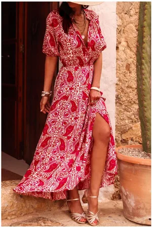 Azura Exchange Womens Paisley Print Side Slit Puff Sleeve High Waist Maxi Dress - Size Large