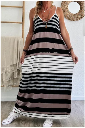 Azura Exchange Womens Mixed Stripes Spaghetti Straps V Neck Maxi Dress - Size Medium