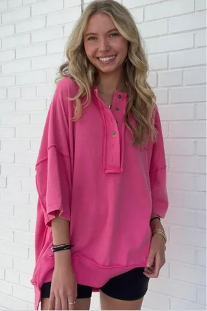 Azura Exchange Womens Red Exposed Seam Button Neck Wide Sleeve Tunic Top - Size Medium