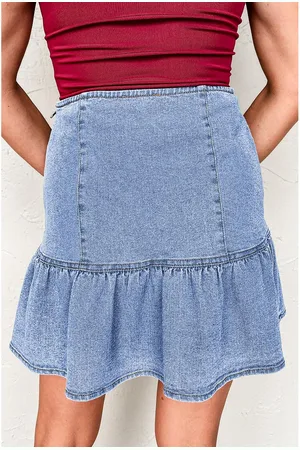 Azura Exchange Womens Beau Asymmetric Ruffle Overlay Denim Mini Skirt Cotton - Size Small