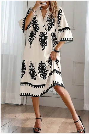 Azura Exchange Womens Western Geometric Print 3/4 Sleeve Loose Midi Dress - Size Medium