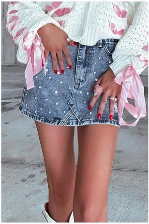 Azura Exchange Womens Dusk Blue Rhinestone Distressed Denim High Waist Mini Skirt - Cotton - Size Medium