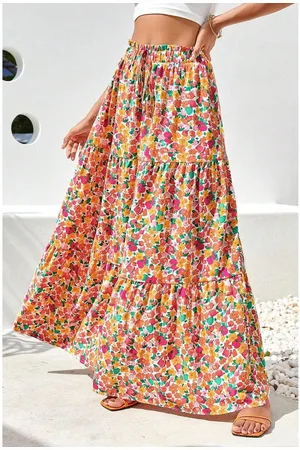 Azura Exchange Womens Boho Floral Print Tiered Long Skirt - Size Small
