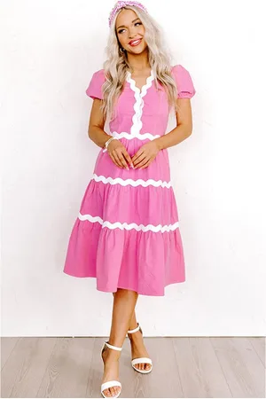 Azura Exchange Womens Bonbon Ric Rac Trim Short Puff Sleeve Flowy Midi Dress - Cotton - Size Small