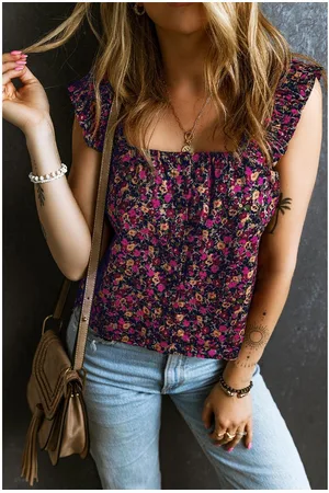 Azura Exchange Womens Boho Frilled Straps Floral Tank Top Viscose - Size Small