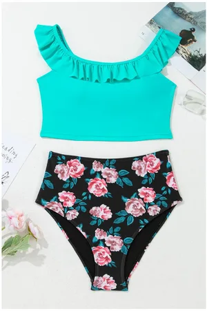 Azura Exchange Womens Sea Solid Ruffled Square Neck Swim Top and Floral Shorts Bikini Set Polyamide - Size X-Large