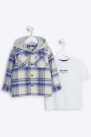 River Island Mini Boys Hooded Shacket Set Check Cotton - Size 4-5Y