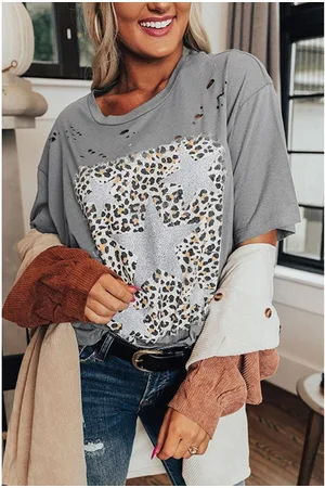 Azura Exchange Womens Medium Stars Leopard Graphic Distressed Tee - Size Small