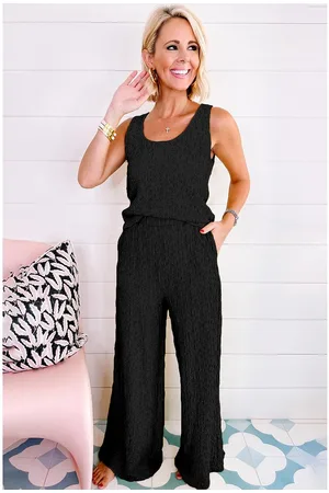 Azura Exchange Womens Crinkled U Neck Tank Top and Wide Leg Pants Set - Size X-Large