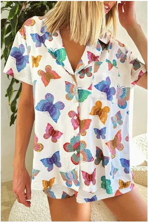 Azura Exchange Womens Butterfly Pattern Short Sleeve Shirt Pajamas Set - Size Large
