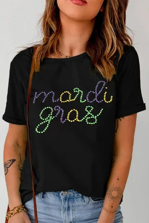 Azura Exchange Womens Rhinestone Mardi Gras Letter Graphic T Shirt - Size Large