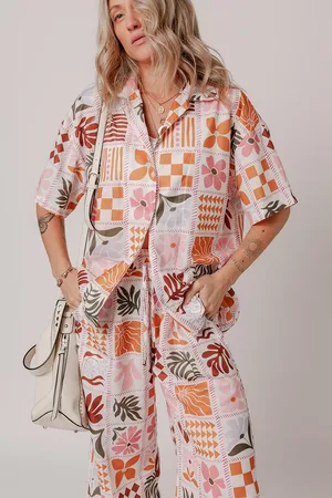 Azura Exchange Womens Plant Checkered Print Collared Shirt and Wide Leg Pants Set Cotton - Size X-Large