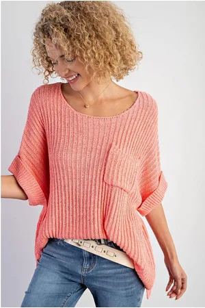 Azura Exchange Womens Fresh Salmon Rolled Cuffs Loose Knit Tee with Slits - - Size Large