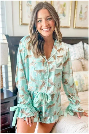 Azura Exchange Womens Leopard Satin Ruffle Pajama Short Set - Size Small