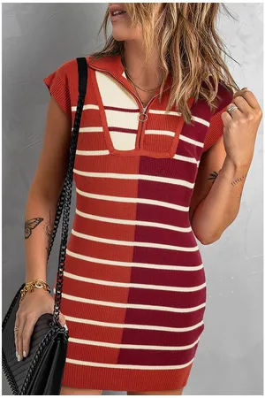 Azura Exchange Womens Stripe Color Block Quarter Zip Collar Short Sleeve Sweater Dress Viscose - Size Small