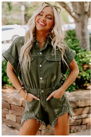 Azura Exchange Womens Moss Distressed Frayed Denim Romper Cotton - Size Medium