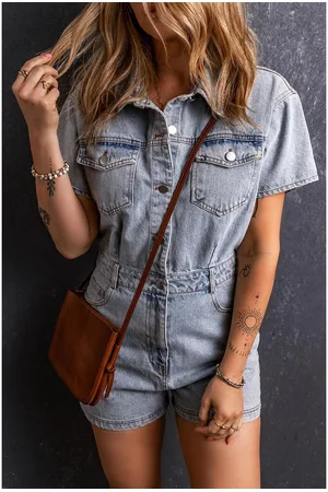 Azura Exchange Womens Vintage Washed Buttons Pocketed Denim Romper Cotton - Size Medium