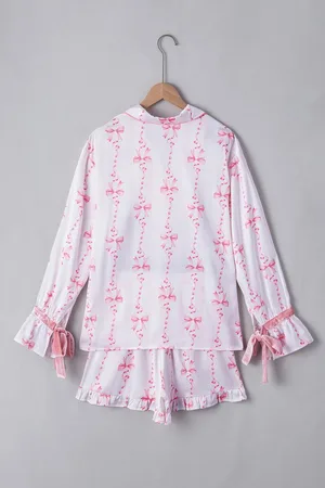 Azura Exchange Womens Satin Bow Bell Sleeve Shirt and Ruffled Shorts Pajama Set - Size X-Large