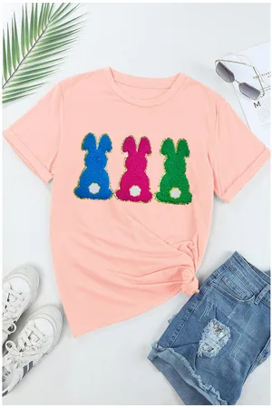 Azura Exchange Womens Easter Bunny Chenille Patched Graphic Tee - Size Small