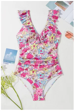Azura Exchange Womens Floral Ruffle Trim V Neck Lace-up Back Tummy Control One Piece Swimsuit - Size X-Large