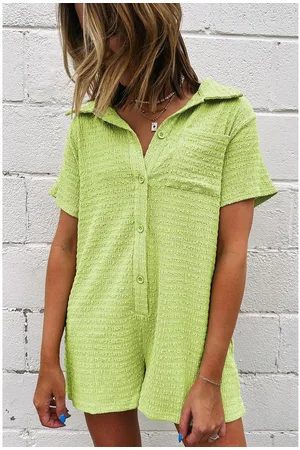 Azura Exchange Womens Meadow Mist Green Textured Short Sleeve Patched Pocket Buttoned Shirt Romper - - Size Medium