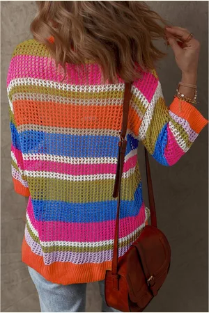 Azura Exchange Womens Stripe Colorblock Hollowed Crochet 3/4 Sleeve Sweater - Size Medium