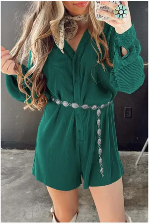 Azura Exchange Womens Sea Ribbed Long Sleeve Button Front Romper - Size Medium