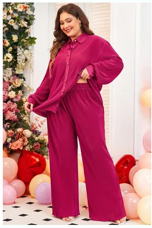 Azura Exchange Womens Red Plus Size Ribbed Long Sleeve Shirt and Pants Pajama Set - Size 2XL