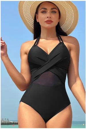 Azura Exchange Womens Halter Mesh Insert Cross Front One-Piece Swimsuit Nylon - Size Small