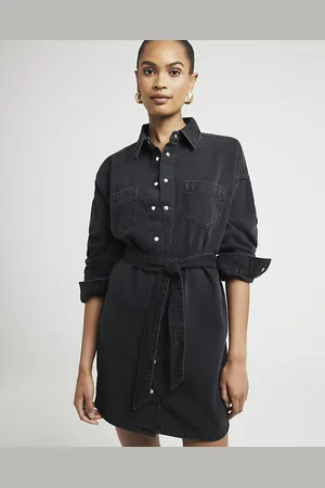 River Island Womens Mini Shirt Dress Belted Denim Cotton - Size 16 UK
