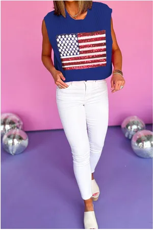 Azura Exchange Womens Bluing Sparkling American Flag Knitted Vest - Viscose - Size Large