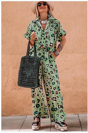 Azura Exchange Womens Leopard Print Short Sleeve Shirt and Wide Leg Pants Set - Size X-Large