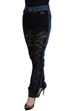 Dolce & Gabbana WoMens Black Floral Lace Front Skinny Denim Jeans - Cotton - Size EU 40 (Womens)