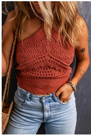 Azura Exchange Womens Clay Knit Crochet Halter Neck Backless Tank Top Cotton - Size X-Large